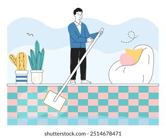 Man cleaning pool. Young guy with mop takes out trash from swimming pool. Cleanliness and hygiene. Cleaning service worker. Linear vector illustration isolated on white background