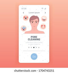 man cleaning pore facial cleansing procedure on clogged face skin care treatment steps smartphone screen mobile app copy space portrait vector illustration