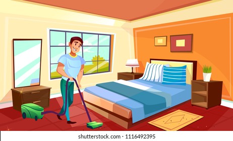 Man cleaning room vector illustration of househusband or college boy with vacuum cleaner on carpet. Clean home service worker in bedroom of modern or retro apartments interior with furniture