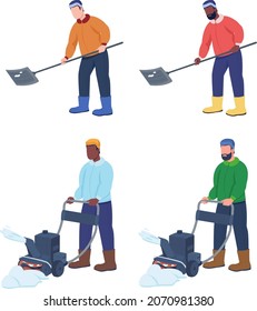 Man cleaning snow semi flat color vector characters set. Posing figures. Full body people on white. Winter season isolated modern cartoon style illustration for graphic design and animation pack