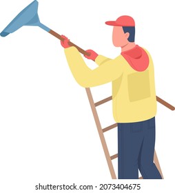 Man cleaning snow semi flat color vector character. Dynamic figure. Full body person on white. Winter season isolated modern cartoon style illustration for graphic design and animation