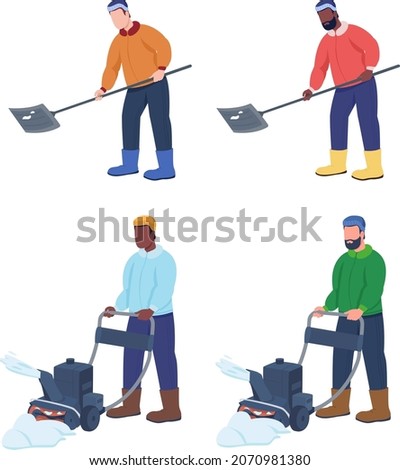 Man cleaning snow semi flat color vector characters set. Posing figures. Full body people on white. Winter season isolated modern cartoon style illustration for graphic design and animation pack