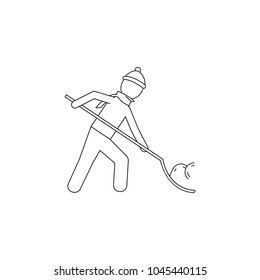 a man is cleaning the snow with a shovel icon. Element of winter elements illustration. Thin line  illustration for website design and development, app development. Premium icon on white background