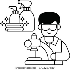 Un hombre está limpiando con una botella de spray y una botella de limpiador. Lleva una bata de laboratorio y gafas