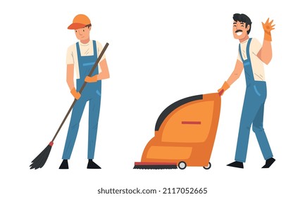 Man Cleaning Staff in Overall and Gloves Pulling Vacuum Cleaner Machine and Sweeping with Broom Vector Set