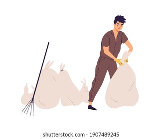 Man cleaning street by collecting garbage into trash bags. Young guy packing litter. Eco volunteer or janitor working alone. Colored flat vector illustration isolated on white background