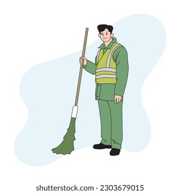 a man cleaning the street holding a broom