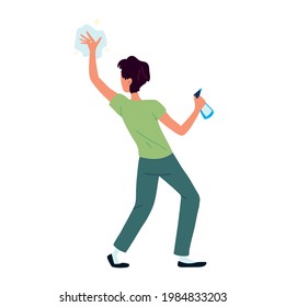 man cleaning the surface with a napkin and spray
