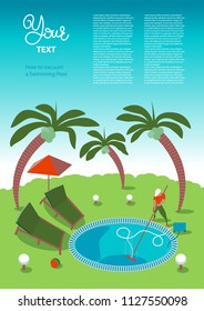 A man is cleaning the swimming pool with a vacuum cleaner in the yard of lawn with palm trees.