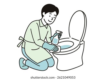 Man cleaning toilet in apron with spray bottle white background
