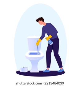 Man cleaning the toilet with detergent and brush. Wiping. Gender equality.  Husband cleaning the apartment. Cleaning service. Cleaner app. Icon. Cleaning application design. Flat vector illustration.