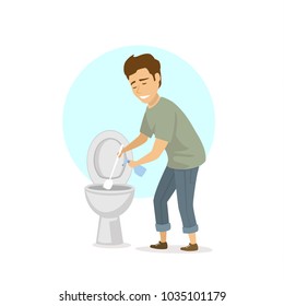 man cleaning toilet isolated vector illustration