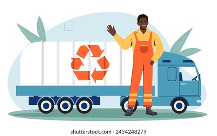 Man cleaning trash concept. Young guy with truck with garbage. Care about ecology and environment. Recycling and reuse, zero waste sustainable lifestyle. Cartoon flat vector illustration