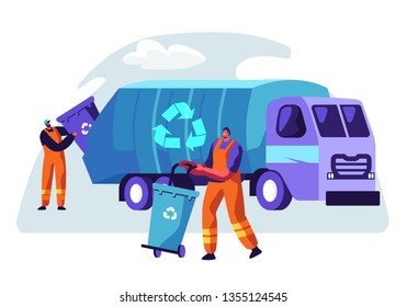Man Cleaning Trash Container to Rubbish Truck with Recycle Sign. Lorry for Urban Waste Removal Service. Character Collect Dustbin to Industrial Transport Vehicle Flat Cartoon Vector Illustration
