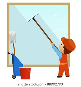Man cleaning and wash window with bucket. Vector illustration