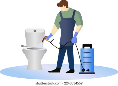 man cleaning WC vector illustration, toilet cleaning service concept, janitor spraying WC using water gun spray machine, janitor man cleaning bathroom