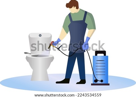 man cleaning WC vector illustration, toilet cleaning service concept, janitor spraying WC using water gun spray machine, janitor man cleaning bathroom