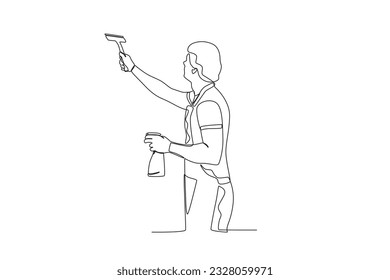A man cleaning the window glass. Cleaning service one-line drawing