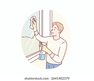 Man Cleaning Window with Gloves and Detergent. Hand drawn style vector design illustrations.