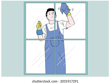 A man is cleaning the window. Hand drawn vector design style.