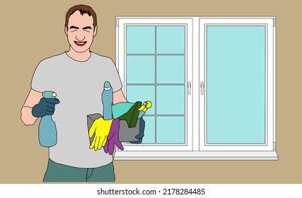 man cleaning window squeegee spray vector illustration