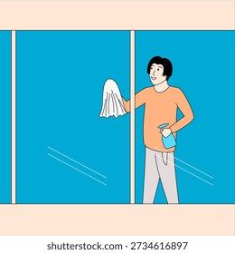 Man is cleaning a window with a squeegee and a spray bottle. Concept of cleanliness and orderliness, as the man is taking care of his living space