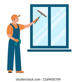 Man cleaning window using squeegee vector isolated. Cleaning service worker in uniform with speacial tool. Professional worker.