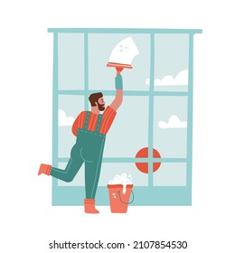 A man cleaning the window with a windscreen wiper and a bucket. Male cleaner in uniform washing glass. Isolated hand drawn vector illustration.