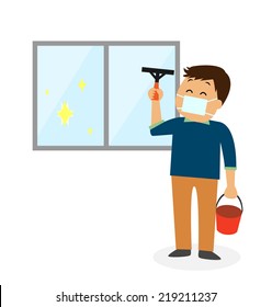 A man cleaning the windows with a windscreen wiper and a bucket in his hand, vector illustration