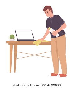 Man cleaning wooden table surface with cloth semi flat color vector character. Editable figure. Full body person on white. Simple cartoon style illustration for web graphic design and animation