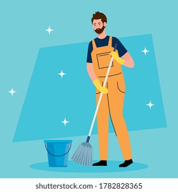 trabajador de limpieza de hombre con mop y cubeta, conserje de hombre con diseño de ilustración de mop y vectores de cubos