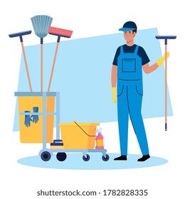 man cleaning worker with cleaning trolley, man janitor with cleaning trolley vector illustration design