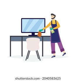 Man cleaning workplace table with computer using special cleaning products. Professional cleaner doing his job, flat cartoon vector illustration isolated white background