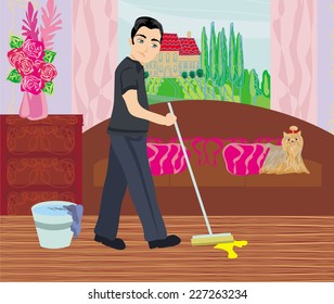 man cleans up after dog 