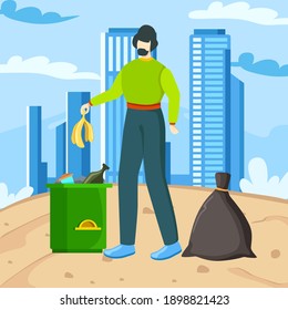 Man cleans the city and makes it clean, throws garbage in the trash, flat vector illustration.