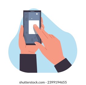 Man cleans dirty phone screen with special wipe. Antibacterial protection for smartphone. Prevention infection. Clean electronic device. Cartoon flat style isolated vector concept