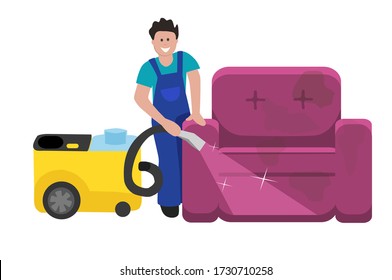 A man cleans a dirty sofa with a professional extractor. Color vector illustration. Dry cleaning armchair.