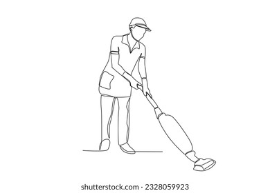 Un hombre limpia el polvo en el suelo. Dibujo de una línea de servicio de limpieza