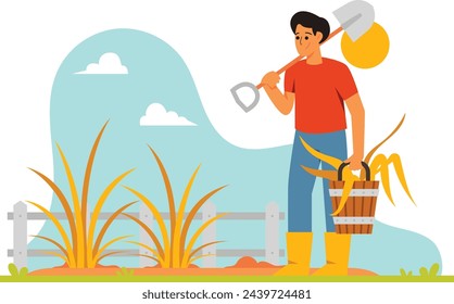 A man cleans up a garden with a bucket and shovel