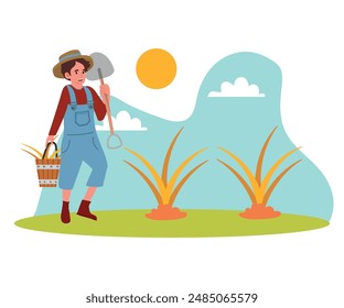 A man cleans up a garden with a bucket and shovel