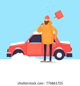 Man cleans from the snow car. Winter. Flat design vector illustration.