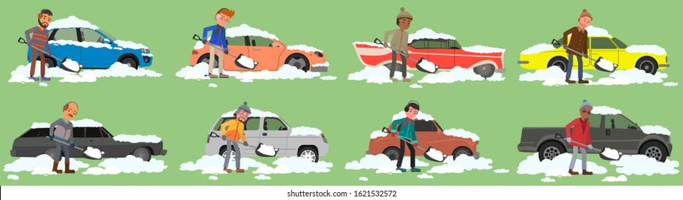 A man cleans snow near a car. Set of vector illustrations. flat design style.