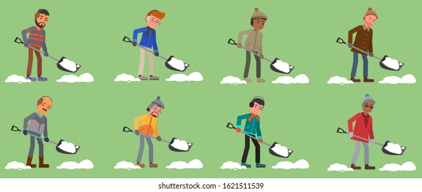 A man cleans snow. Set of vector illustrations. flat design style.