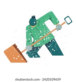 ein Mann reinigt den Schnee. ein Mann mit Schaufel. Vektorgrafik