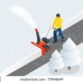 A man cleans snow from sidewalks with snowblower. City after blizzard. Isometric vector illustration.
