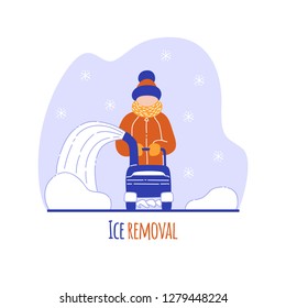 Man cleans the tracks by snowblower in winter. Vector illustration