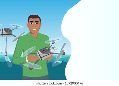 Man cleans water from trash with the help of droids. Plastic bottles at sea. Pollution of oceans and the environment by plastic waste. Environmental activist. Vector illustration