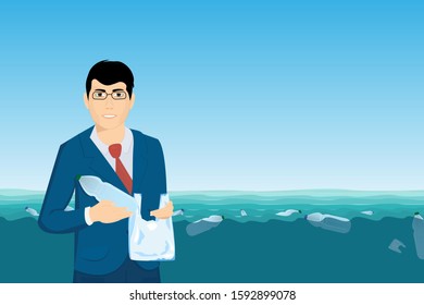 Man cleans water from trash. Plastic bottles at sea. Pollution of oceans and the environment by plastic waste. Environmental activist. Vector illustration.