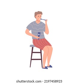 Man cleansing and brushing their teeth. Everyday personal care, morning routine, skincare daily routine. Flat cartoon vector illustration