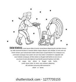 A man clearing the snow with a blower. Fine for ice and snow removal services promotion, articles abot de-icing equipment and snow clearing work.